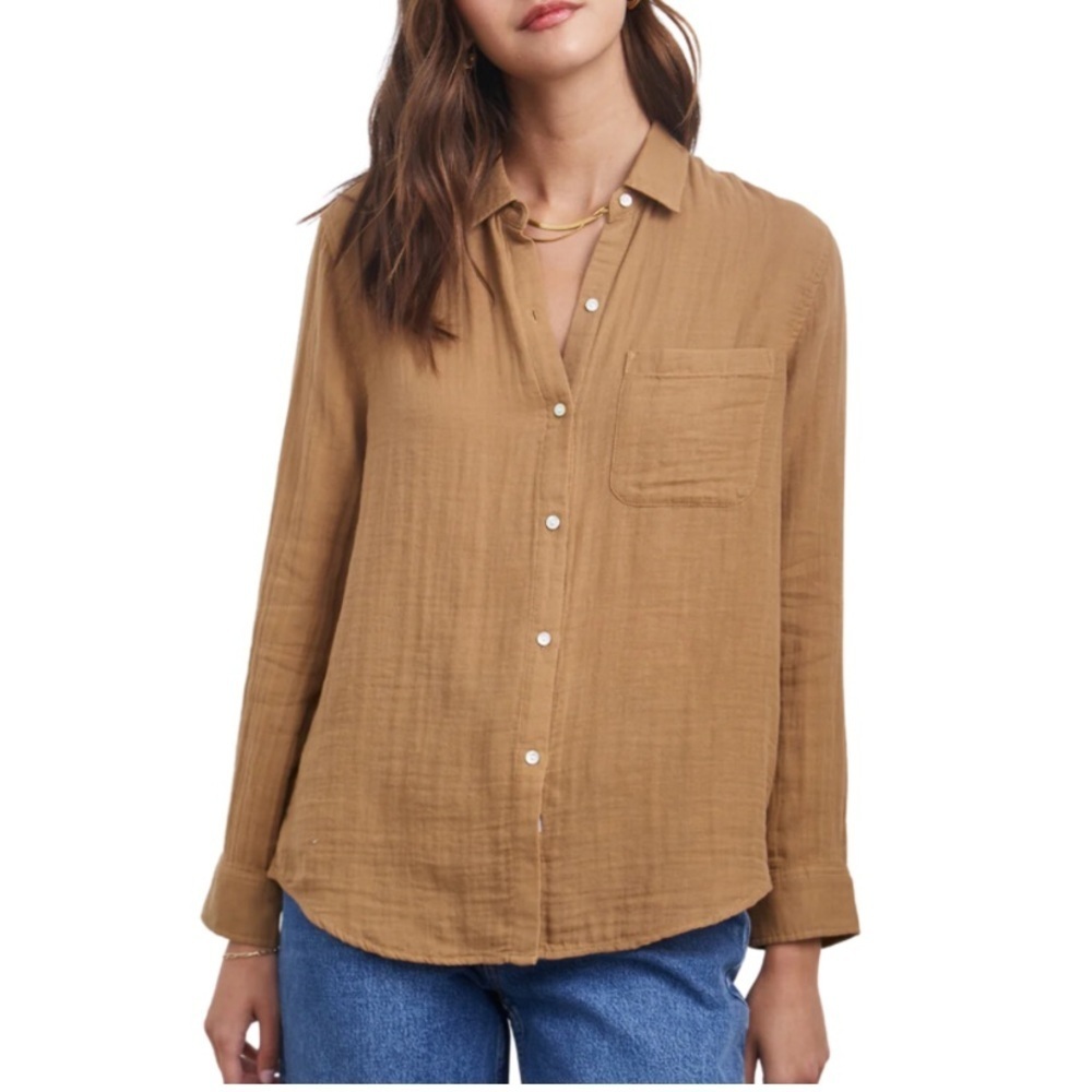 NWT Felicite boyfriend cotton gauze button down shirt in camel “toasted coconut”